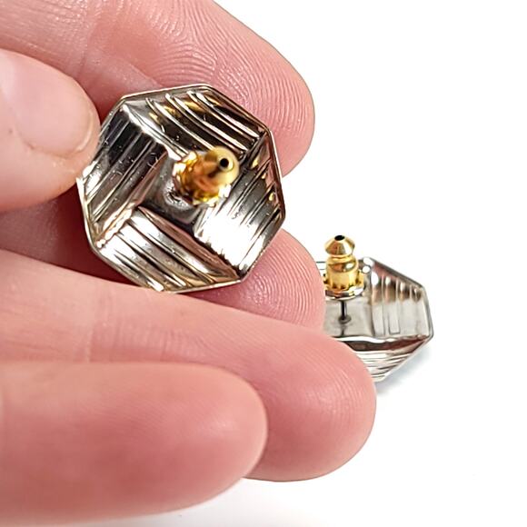 Vintage Hexagonal Textured Earrings, Silver & Gold Tone, Geometric Design - Picture 9 of 10